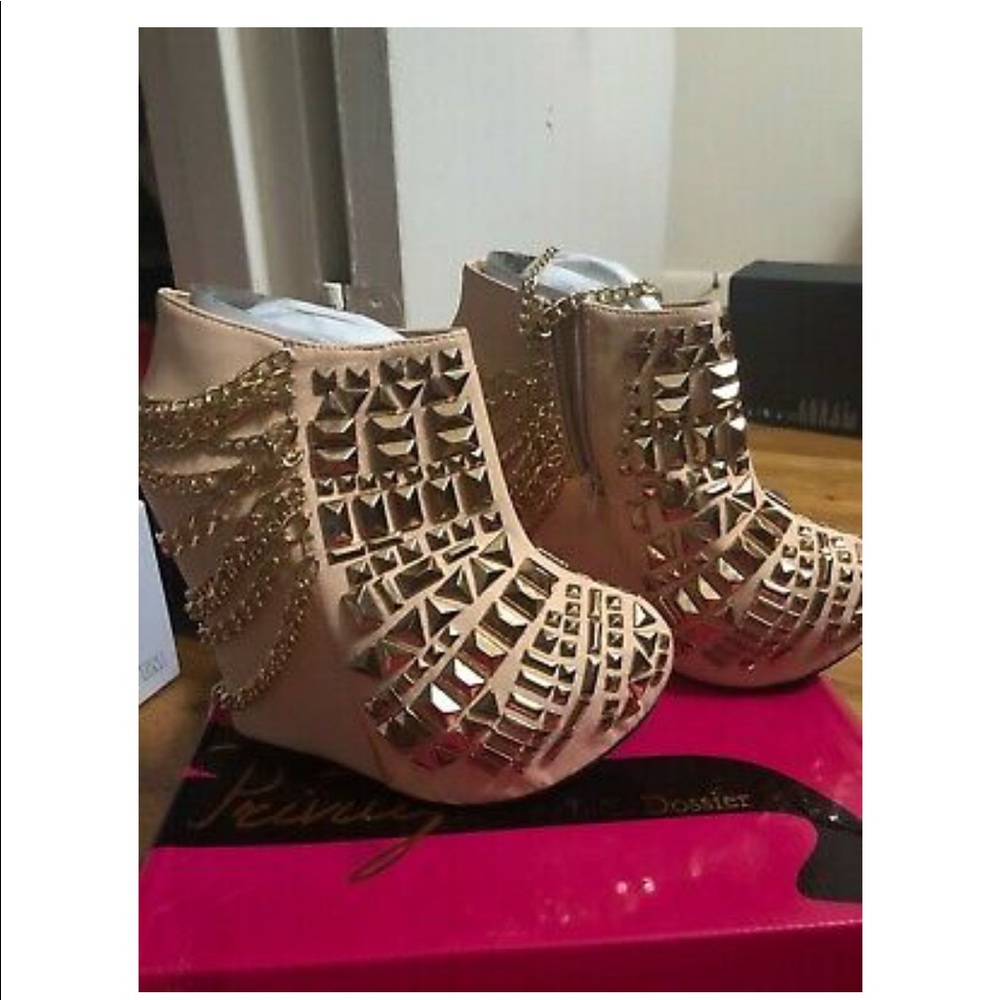 Privileged Rivoli blush booties with gold chains and gold studs
